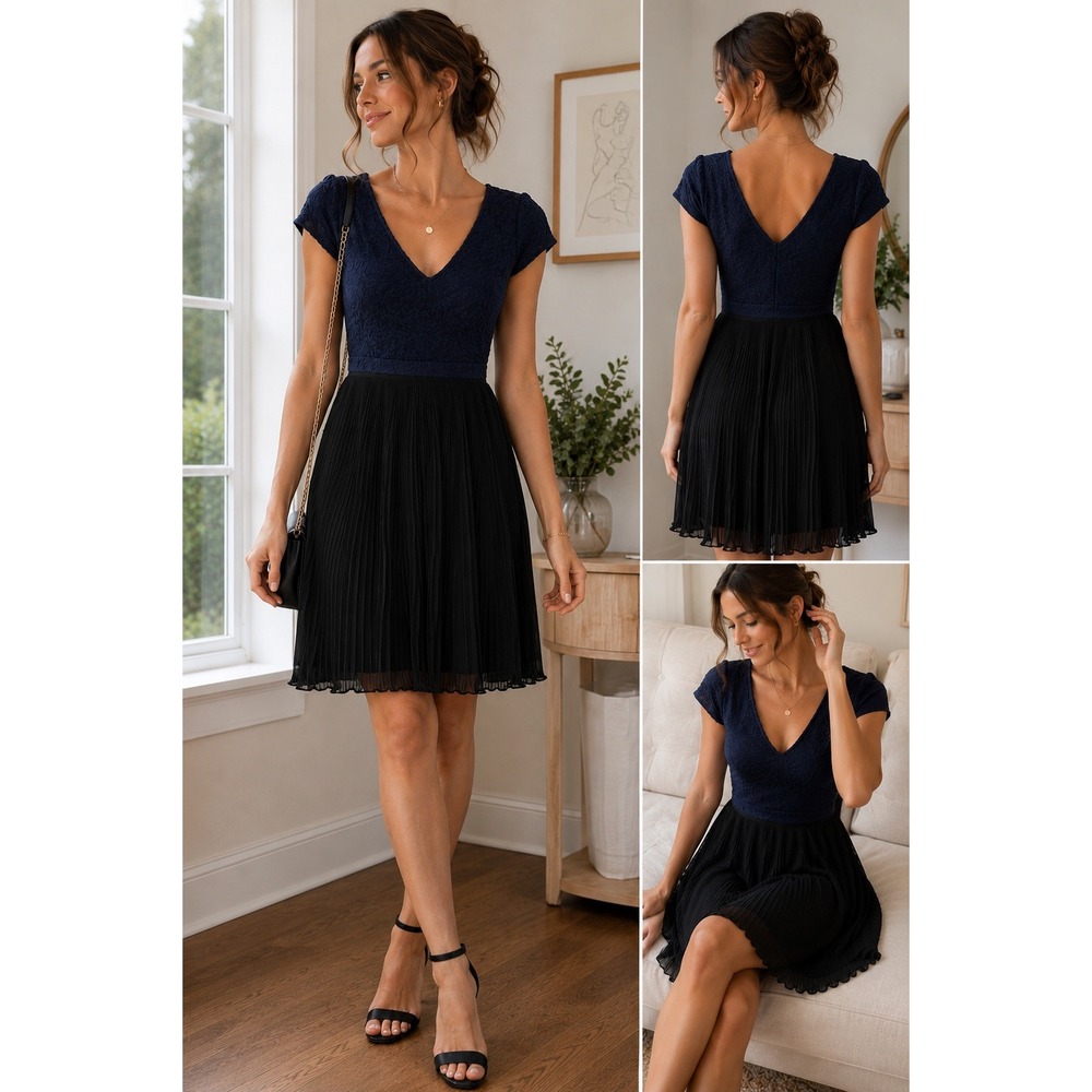 Pins and Needles Navy Blue Textured V-Neck Pleated Fit and Flare Dress XS